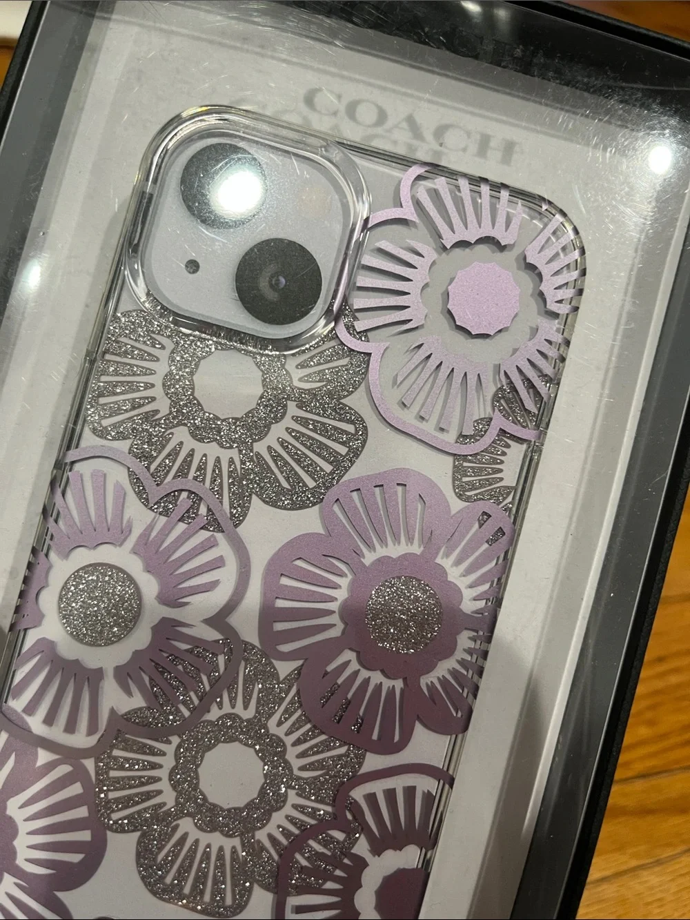Coach Clear Floral iPhone Case with Purple and Silver Glitter